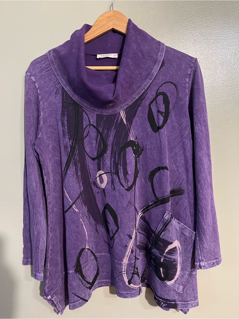 Quads & Jane Purple Cowl Neck Abstract Print Women's Top Cotton Tunic M